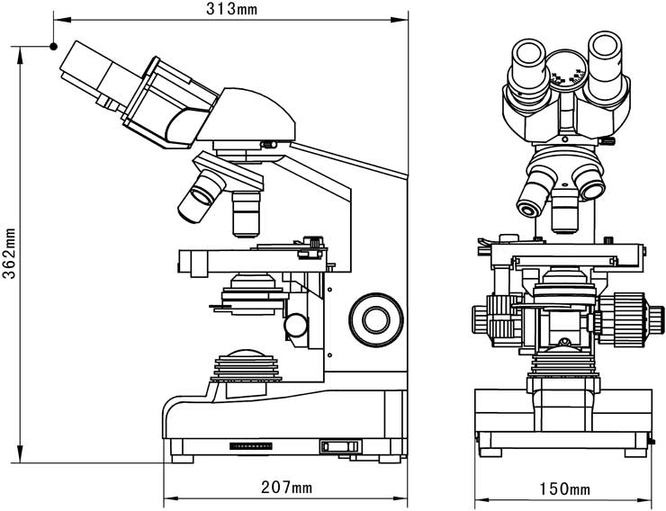 Dimensional drawing of LP-135 Biological Microscope