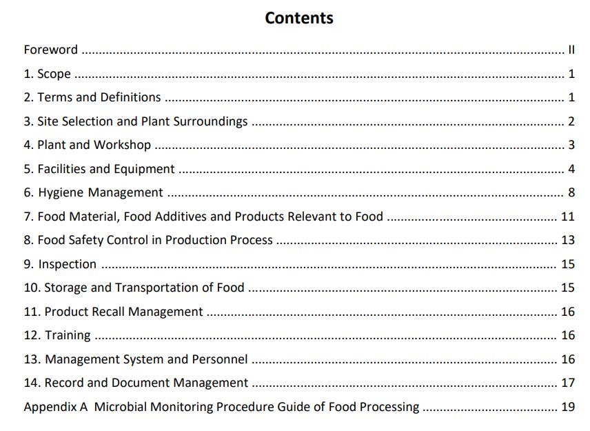 GB14881-2013, General Hygienic Regulation for Food Production-2, a national food safety standard of the People's Republic of China, Table of contents