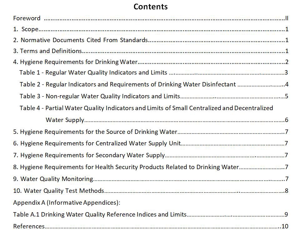 Standards for Drinking Water Quality 2, GB5749-2006, Table of contents