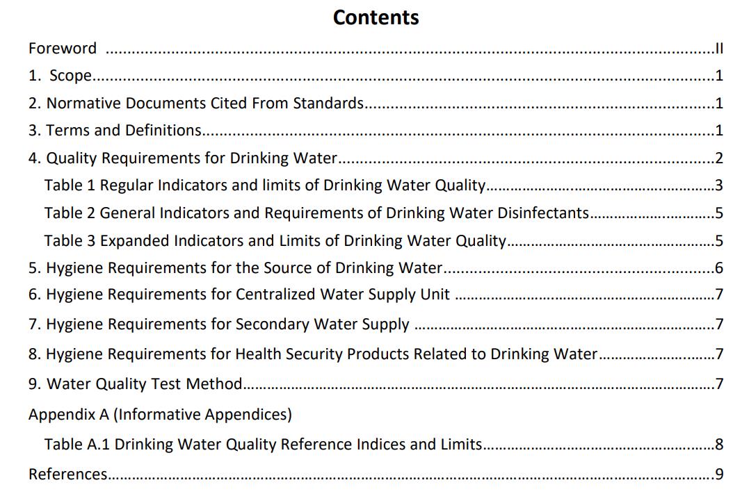 Standards for Drinking Water Quality, GB5749-2022, Table of contents